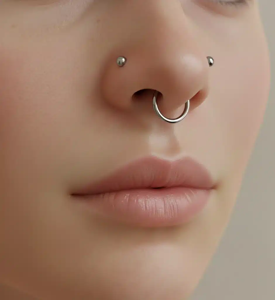 Piercing de nariz en Valencia: septum, bridge y nostril con joyas de titanio grado implante — BlackDrip Studio.