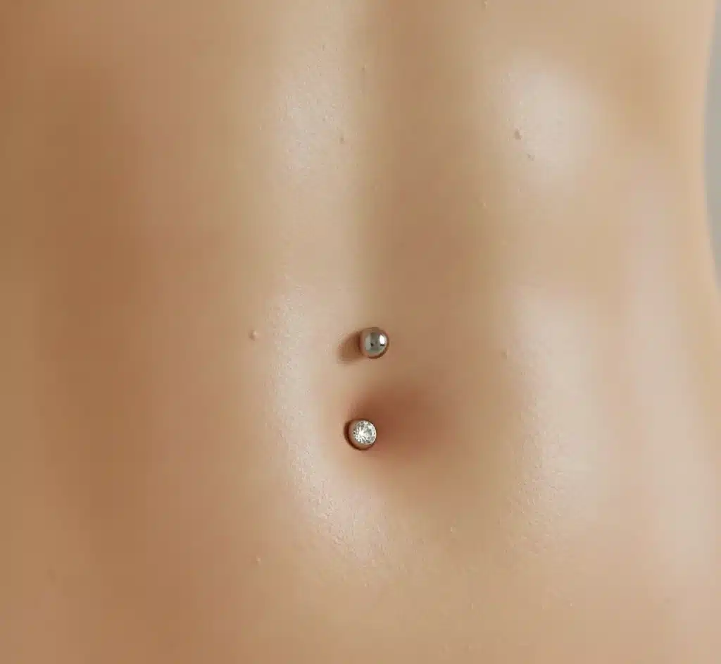 Piercing de ombligo en Valencia: barbell curvo, reverse y microdermal con titanio grado implante — estudio de piercing BlackDrip.